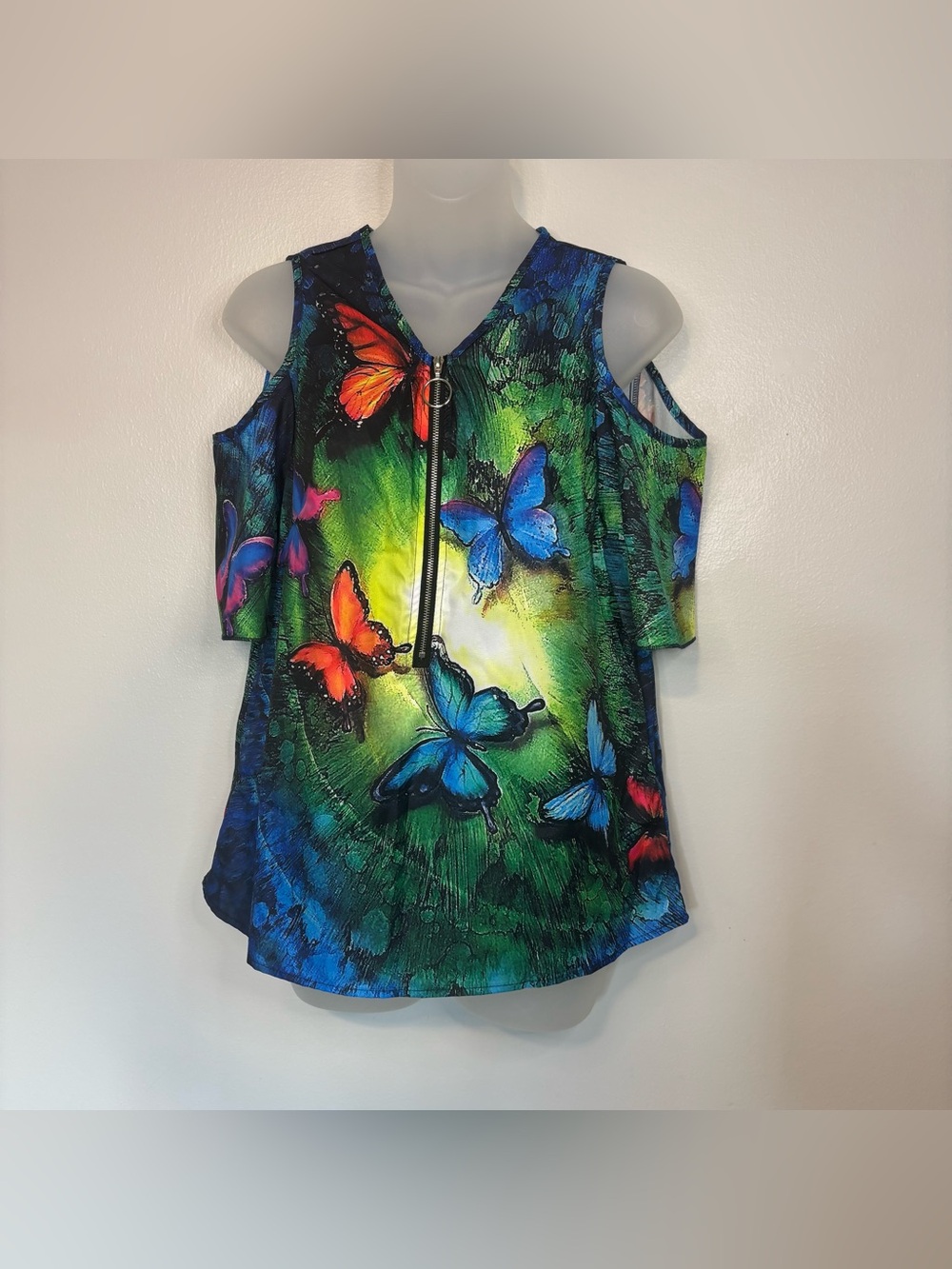 SHEIN Butterfly Print Cold Shoulder Zip Front Tunic Top Small